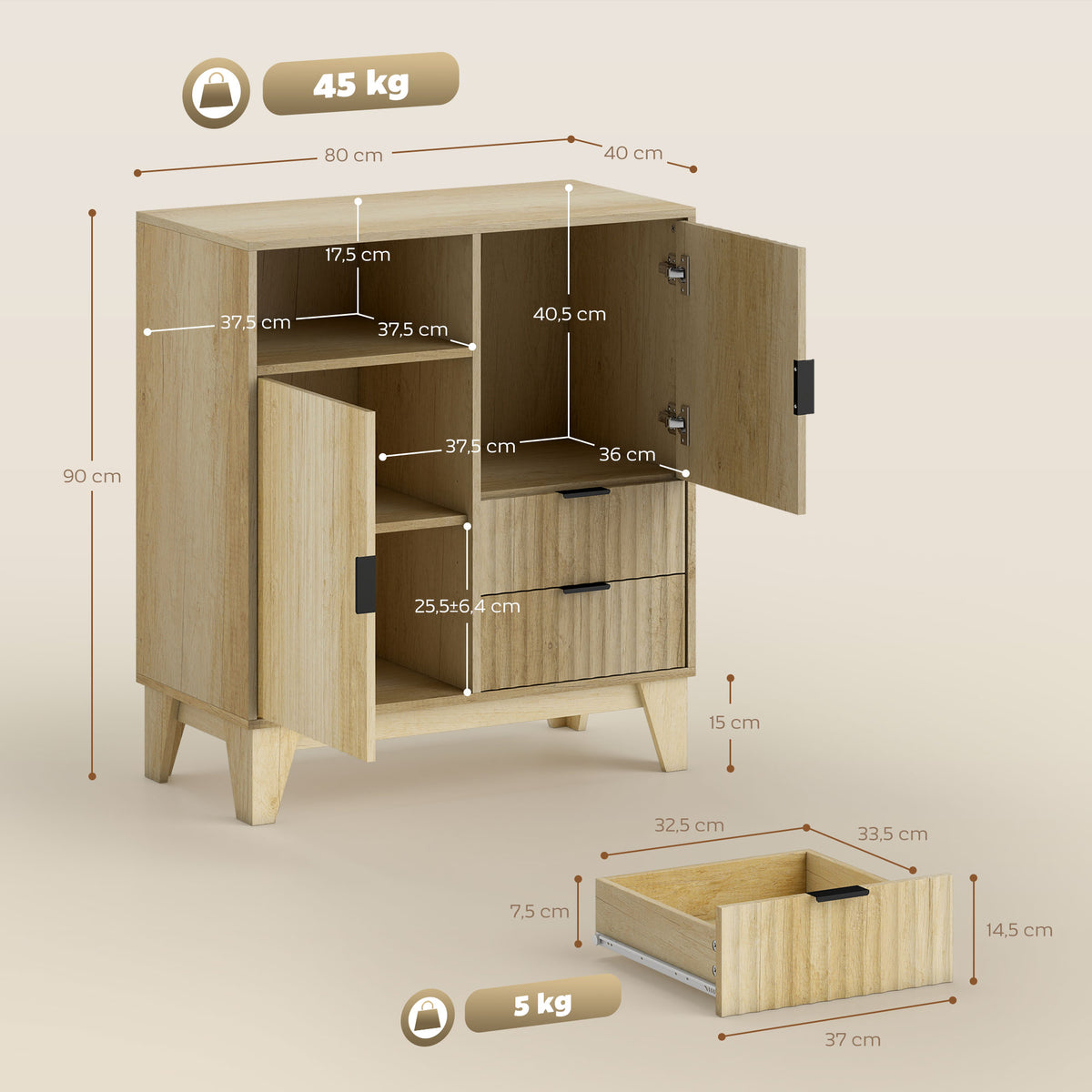 Buffet salon, meuble de rangement, 2 portes, 2 tiroirs, étagère réglable, compartiment ouvert, 80x40x90cm, bois naturel-2
