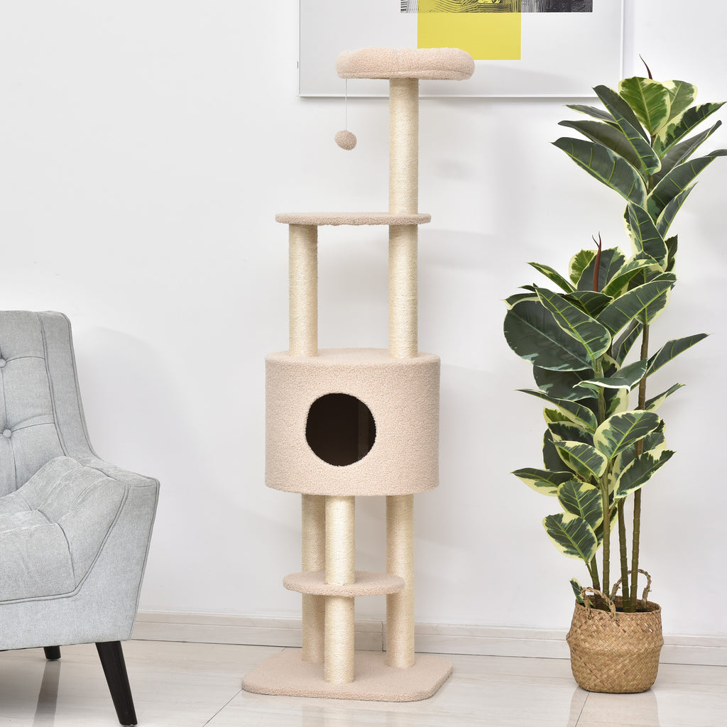 Arbre à chats avec griffoir arbre à grimper pour chat niche et plate-formes peluche haute densité 148 cm beige-1