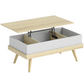 Table Basse Relevable avec 3 Compartiments Cachés, Table de Salon Moderne, Pieds en Bois, 100x79x54cm, Naturel Blanc-0