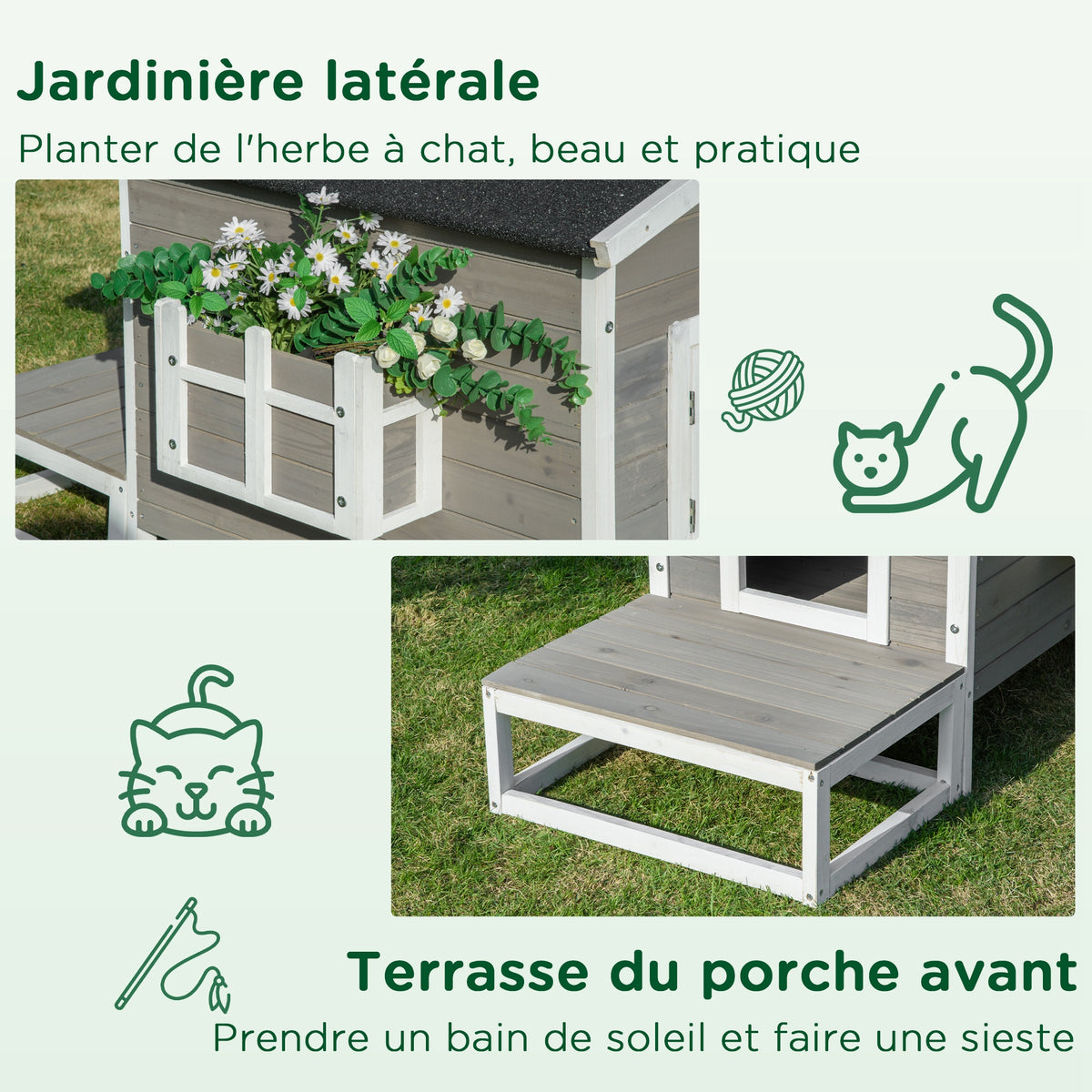 Maisonnette pour chats niche extérieure surélevé avec terrasse étanche en bois, dim. 115L x 66,5P x 74,7H cm, gris-5