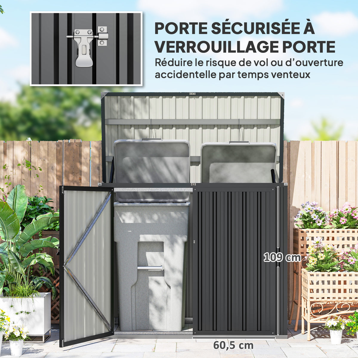 Cache Poubelle Extérieur 1,2 m², 150x80x117cm, Abri de Jardin Acier Galvanisé pour 2 Poubelles, Double Porte à Serrures-4