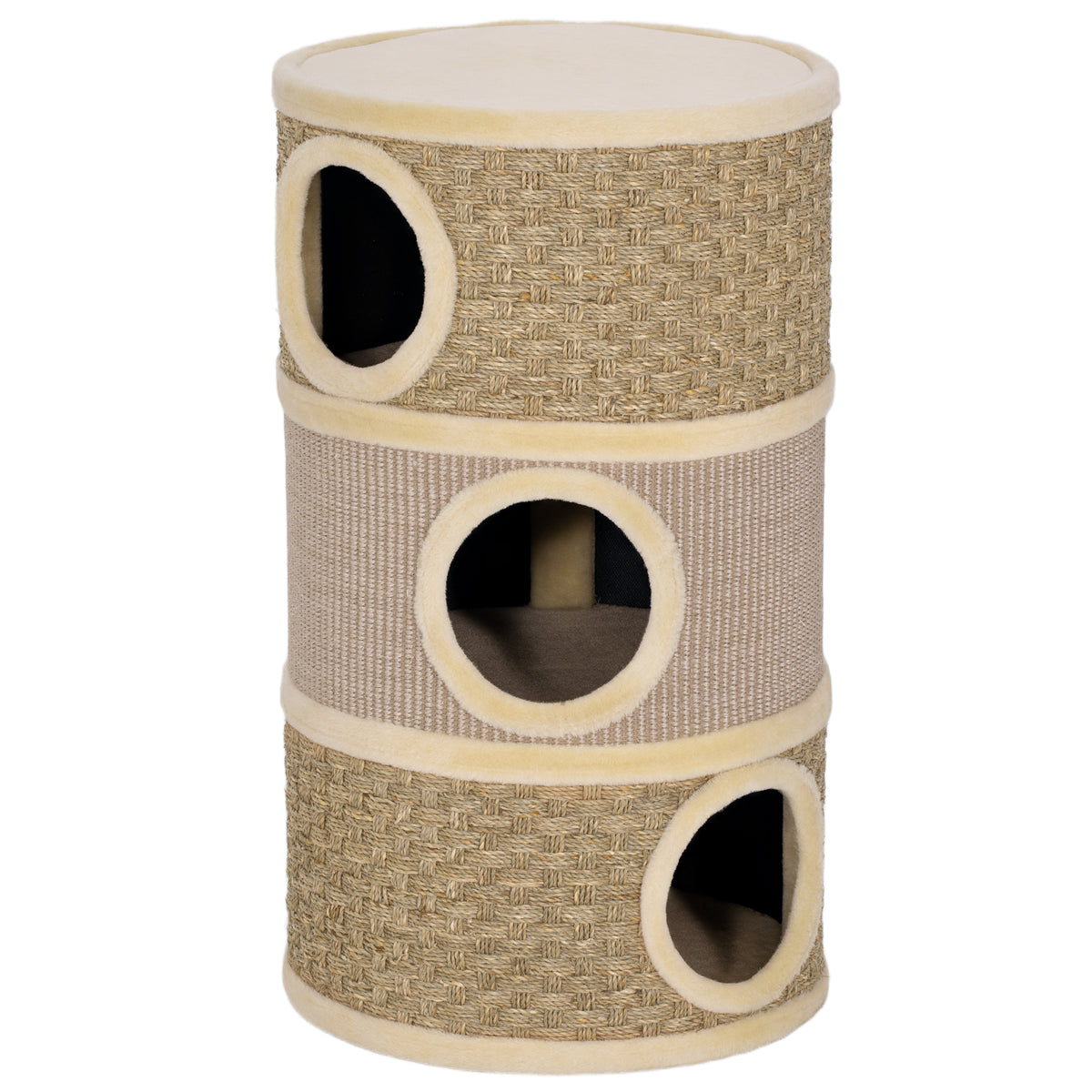 Tonneau à Gratter pour Chat Arbre à Chat Sisal Naturel et Herbiers Marins Recouvert de Peluche 45 x 45 x 79cm Kaki Café-0