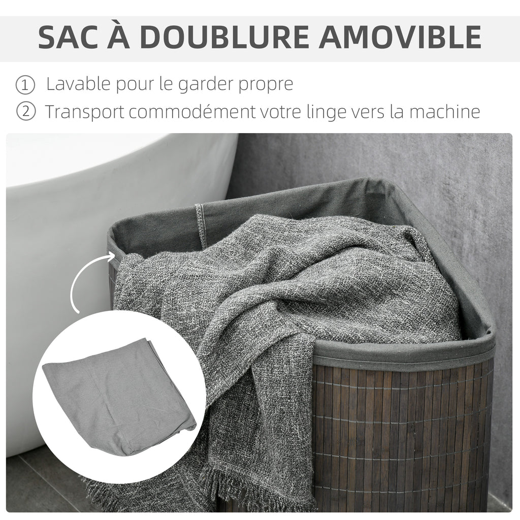 Panier à linge en bambou d'angle 55L avec couvercle et sac amovible 38 x 38 x 57 cm gris-4