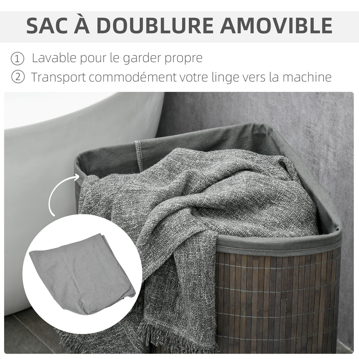 Panier à linge en bambou d'angle 55L avec couvercle et sac amovible 38 x 38 x 57 cm gris-4