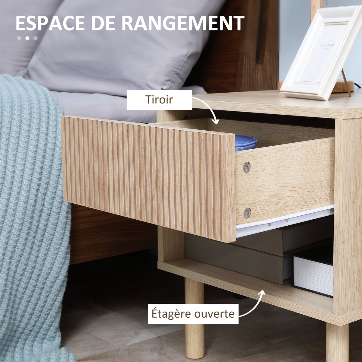 Lot de 2 tables de chevet table de nuit avec tiroirs et niches, style moderne, dim. 47 x 47 x 50 cm, bois naturel-4