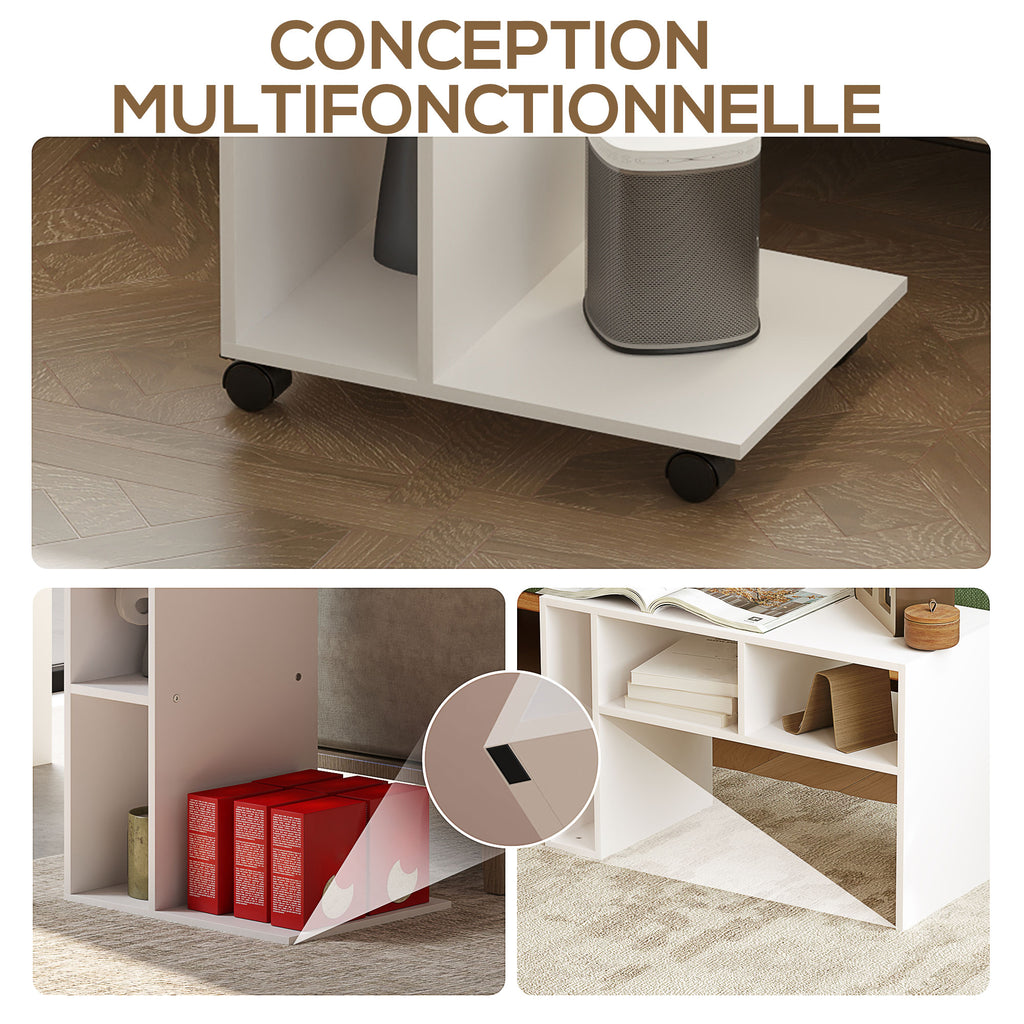 Table d'appoint en forme de C avec roulettes, avec 3 compartiments et 1 étagère ouverte, 40 x 30 x 69 cm, blanc-3