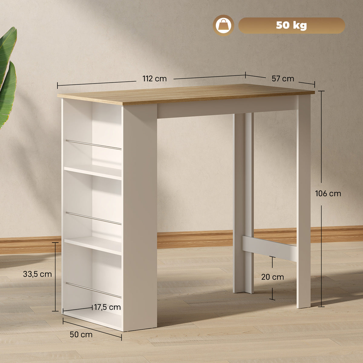 Table de bar table haute de cuisine mange-debout comptoir 112L x 57l x 106H cm - 3 étagères - aspect chêne clair blanc-2