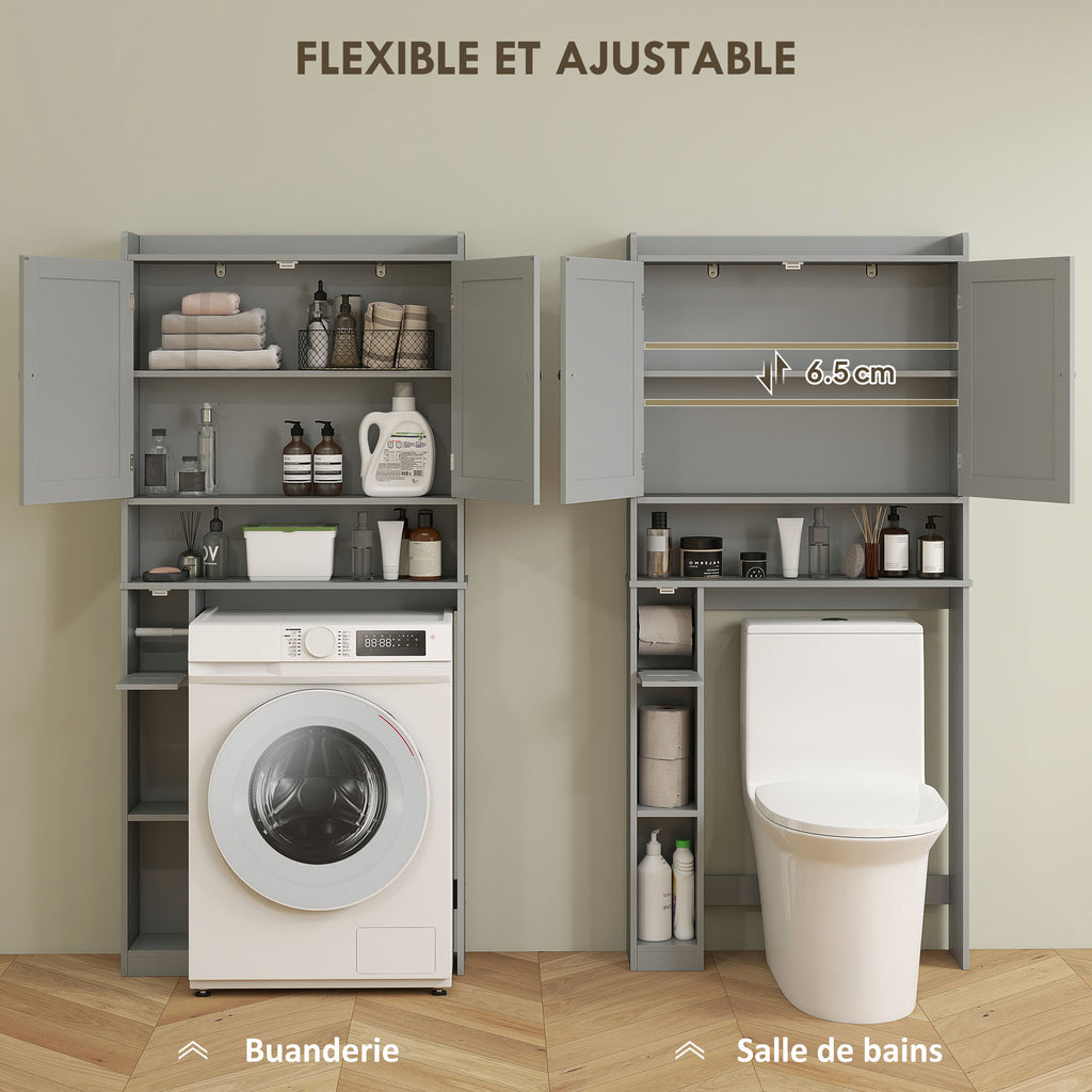 Meuble WC dessus de toilette ou machine à laver, 2 portes, 3 compartiments, porte-papier toilette, 80x19,5x170cm, gris-4