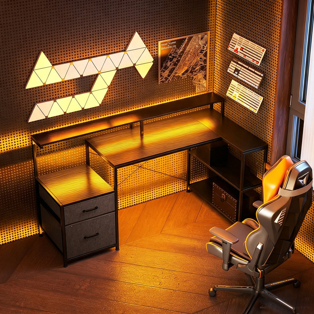Bureau Gaming d'Angle 165 x 80 cm, Éclairage LED et Station de Charge, Support pour 2 Écrans et 2 Tiroirs en Tissu, Noir-1