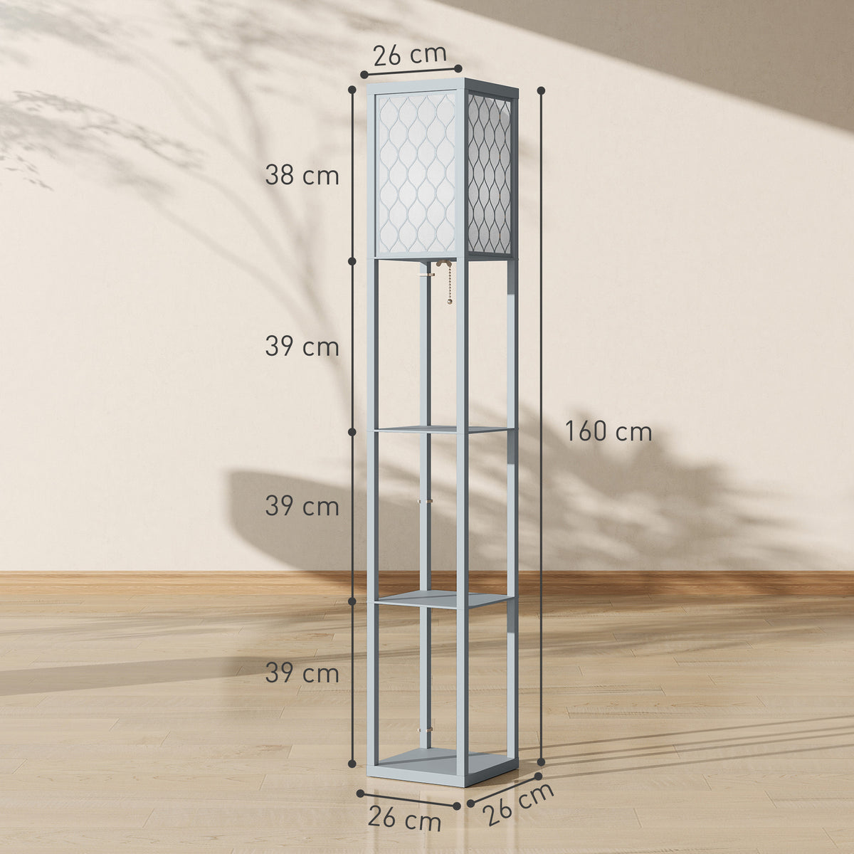 Lampadaire avec étagères, lampadaire sur pied de salon 3 niveaux, interrupteur à tirette 26 x 26 x 160 cm, gris et blanc-2