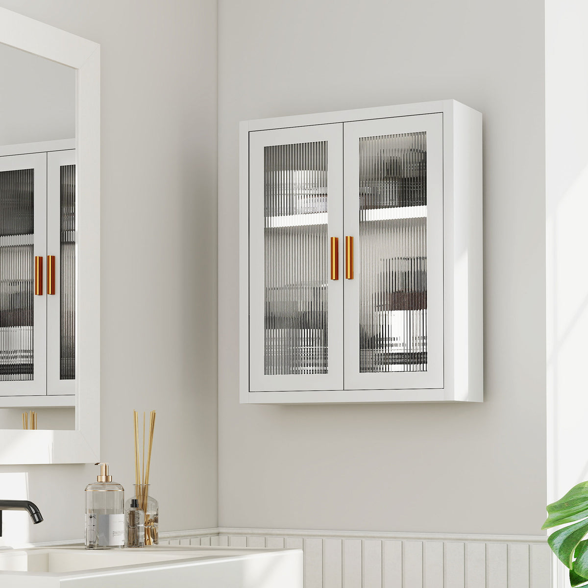 Armoire murale de salle de bain, meuble haut salle de bains avec 2 portes cannelées, étagère réglable, 40x14x50cm, blanc-9