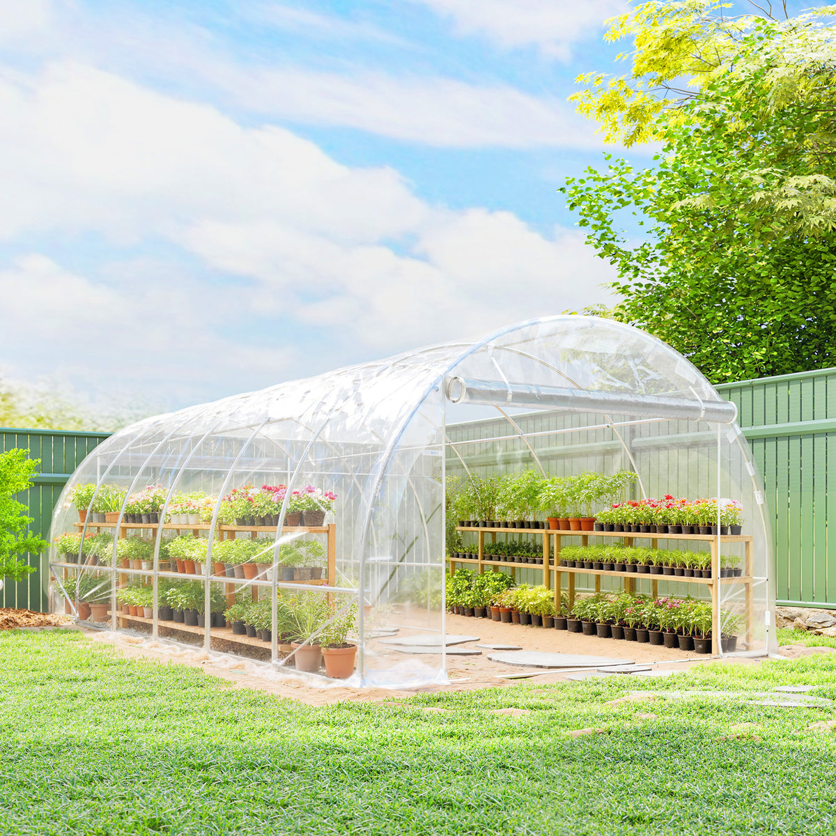 Serre tunnel de jardin 18m² serre de jardin tunnel 296x597x199cm cadre acier galvanisé, bâche PE 150g/m² transparent-9