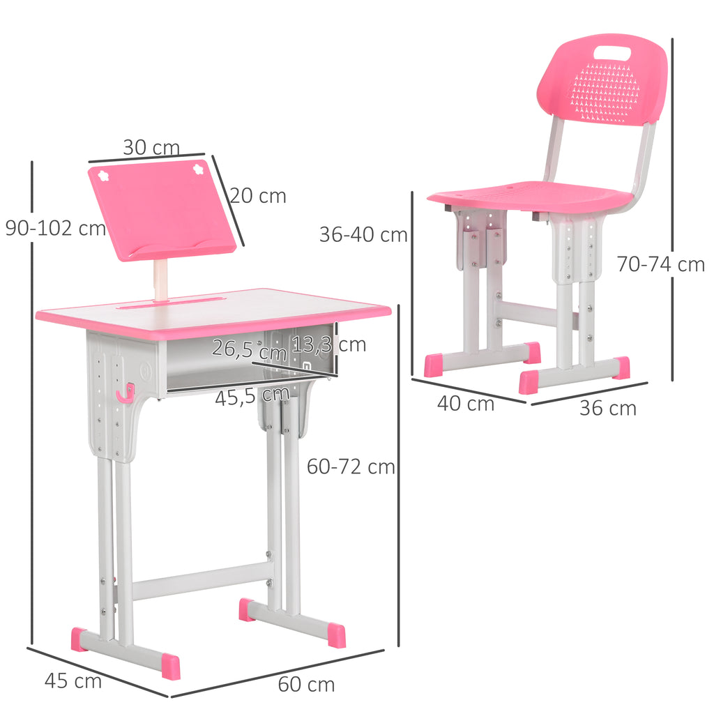 Bureau et chaise pour enfant avec support de lecture casier crochet et porte stylo 60 x 45x 90-102 cm rose-2