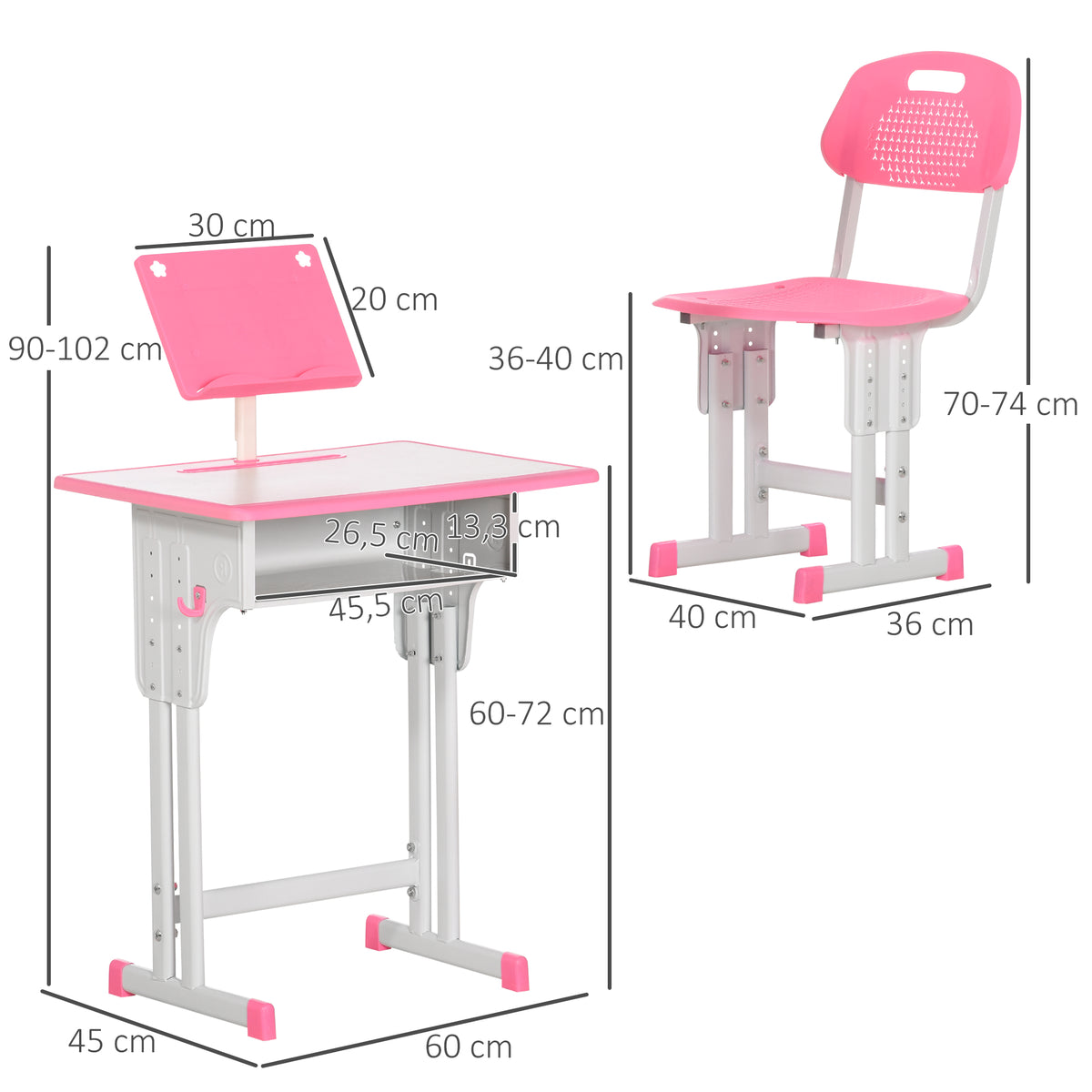 Bureau et chaise pour enfant avec support de lecture casier crochet et porte stylo 60 x 45x 90-102 cm rose-2