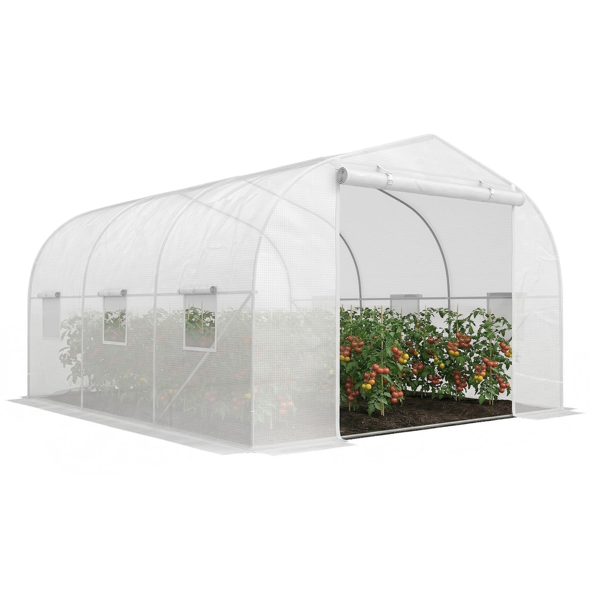 Serre de jardin serre tunnel de Jardin dim. 3,5L x 3l x 2H m Porte + 6 fenêtres enroulables Acier galvanisé bâche PE Haute densité Blanc-0