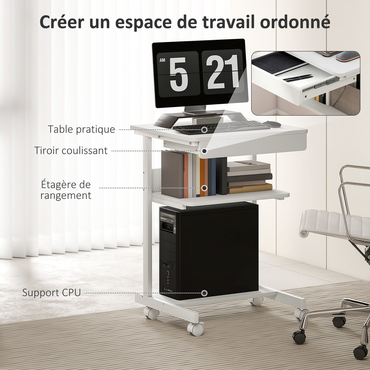Bureau d'ordinateur sur roues, bureau avec rangement 56 x 51 cm avec tiroir, compartiment et support CPU, blanc-3
