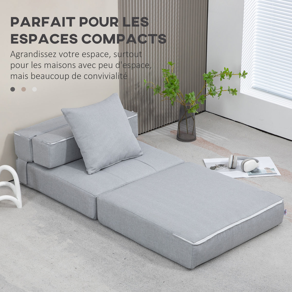 Chauffeuse canapé-lit convertible fauteuil 1 place avec 1 coussin déhoussable, tissu gris clair-5