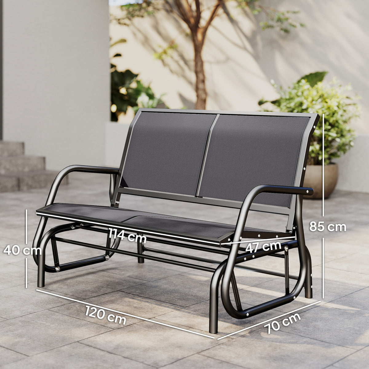 Banc à Bascule de Jardin 2 Places Design Contemporain Grand Confort accoudoirs Assise, Dossier Ergonomique Acier textilène Gris-2