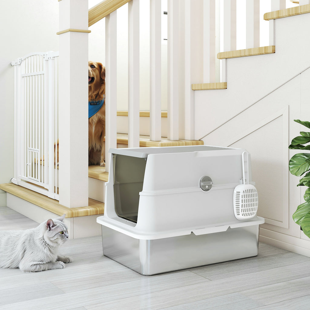 Bac à litière fermé XL en acier inoxydable, maison de toilette pour grand chat, 60,2 x 40,2 x 43,3 cm, gris clair-8