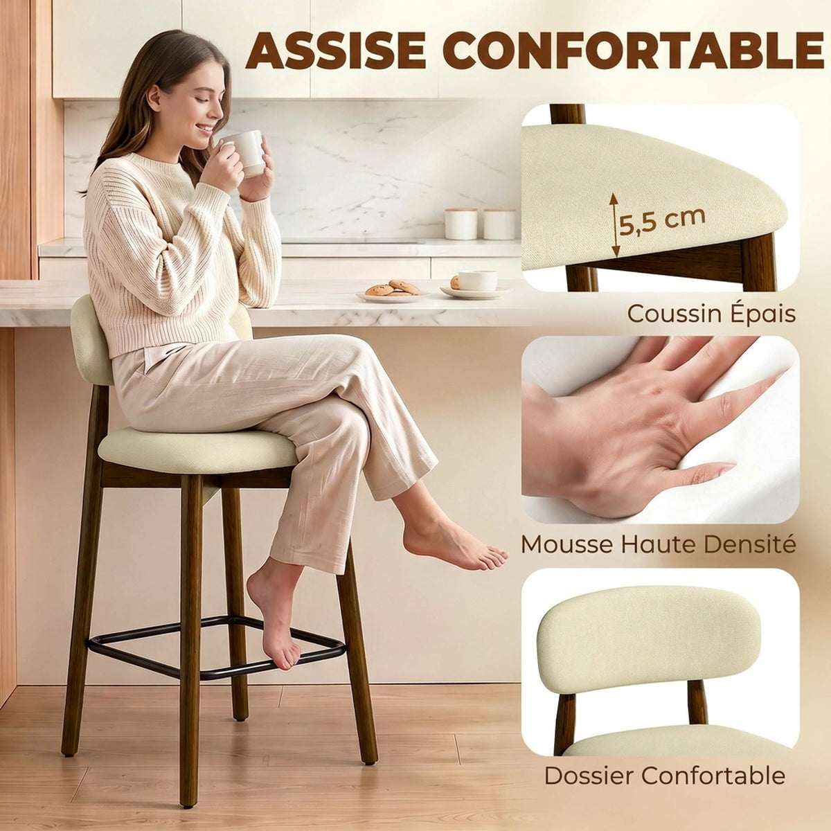 Lot de 2 Tabourets de Bar, Chaises de Bar en Chenille, Assise Rembourrée, Dossier et Repose-Pieds, Pieds en Bois, Beige-4