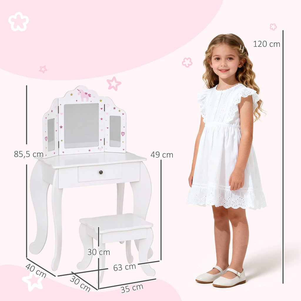 Coiffeuse Enfant avec Tabouret, Miroir triptyque et tiroir Coulissant - Coiffeuse dim. 63L x 40l x 85,5H cm-2