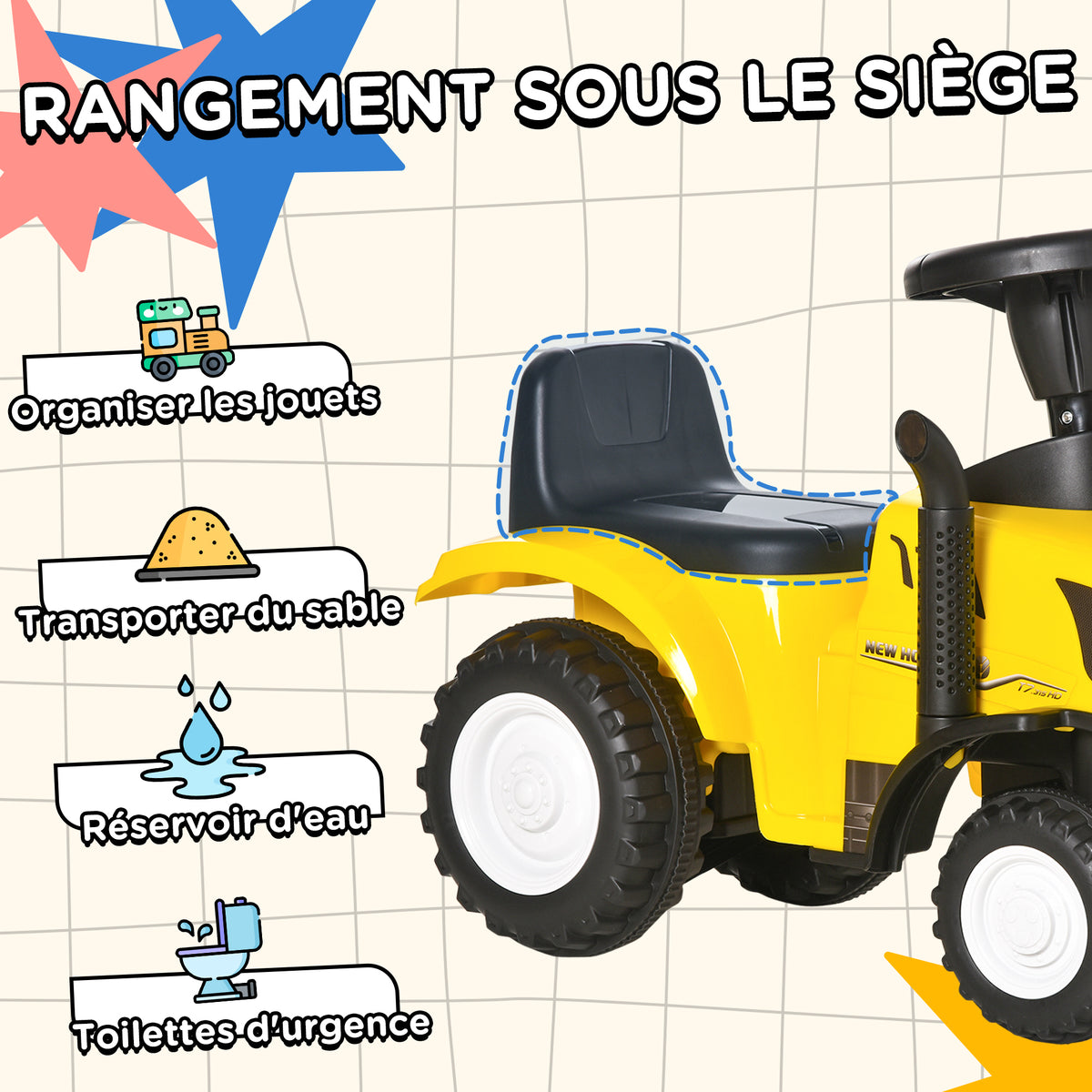 Porteur tracteur enfants avec coffre amovible, râteau et pelle, voiture enfants avec lumière LED et klaxon, jaune-4