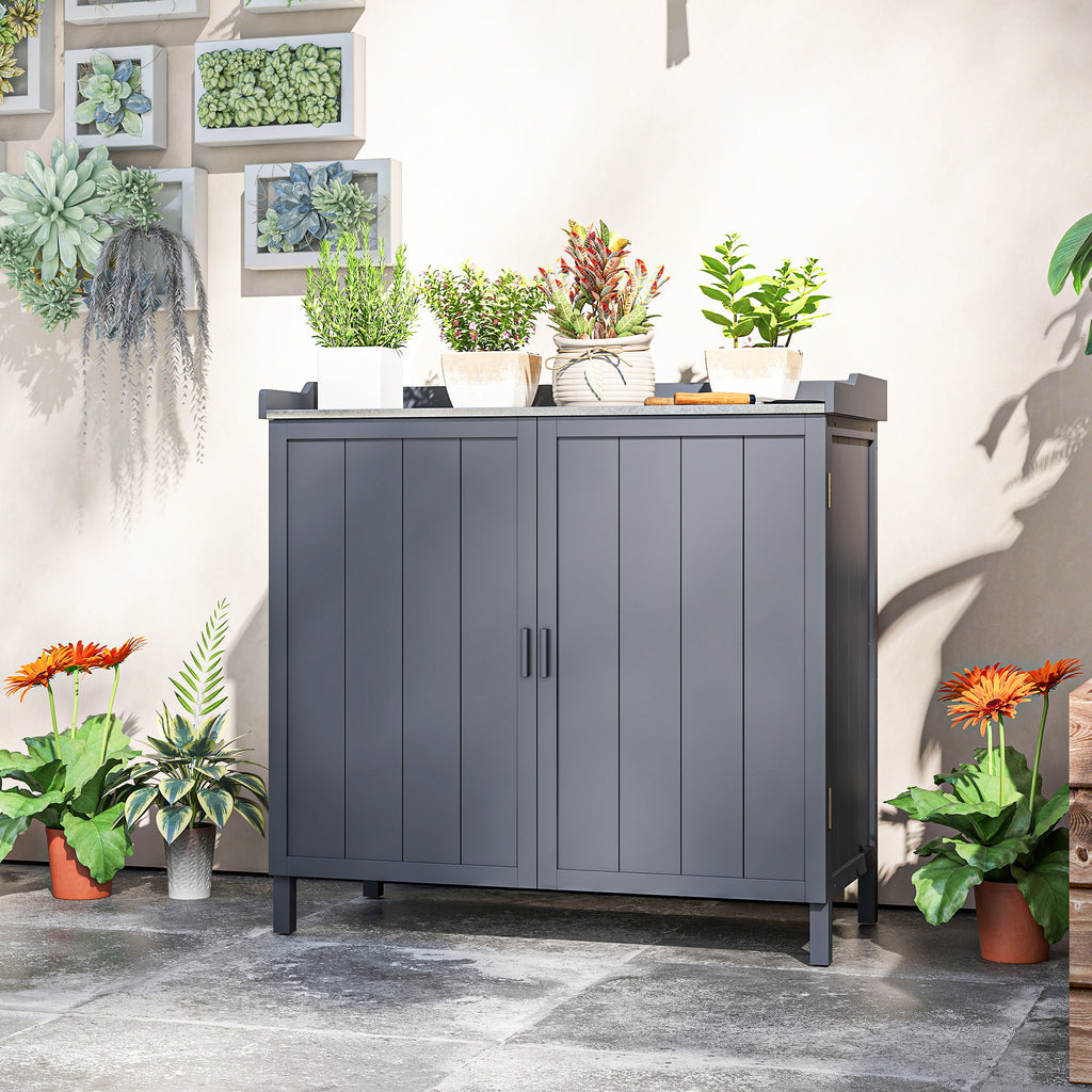 Armoire de rangement de jardin sur pied, table de rempotage 2 en 1 double porte, étagère, plateau métal galvanisé - gris-7