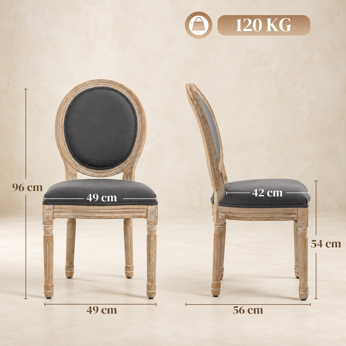 Lot de 2 Chaises de Salle à Manger, Chaises Médaillon Style Louis XVI, Assise et Dossier Rembourrés en Effet Lin, Gris-2