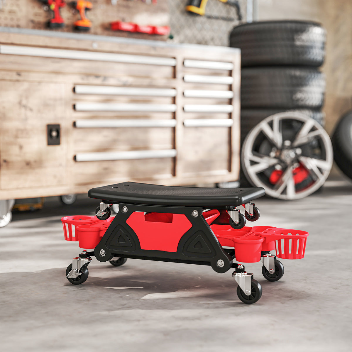 Tabouret d'atelier mobile 135 kg, tabouret de mécanicien avec roulettes rotatif à 360° avec plateaux, 86x33x33cm, rouge-8