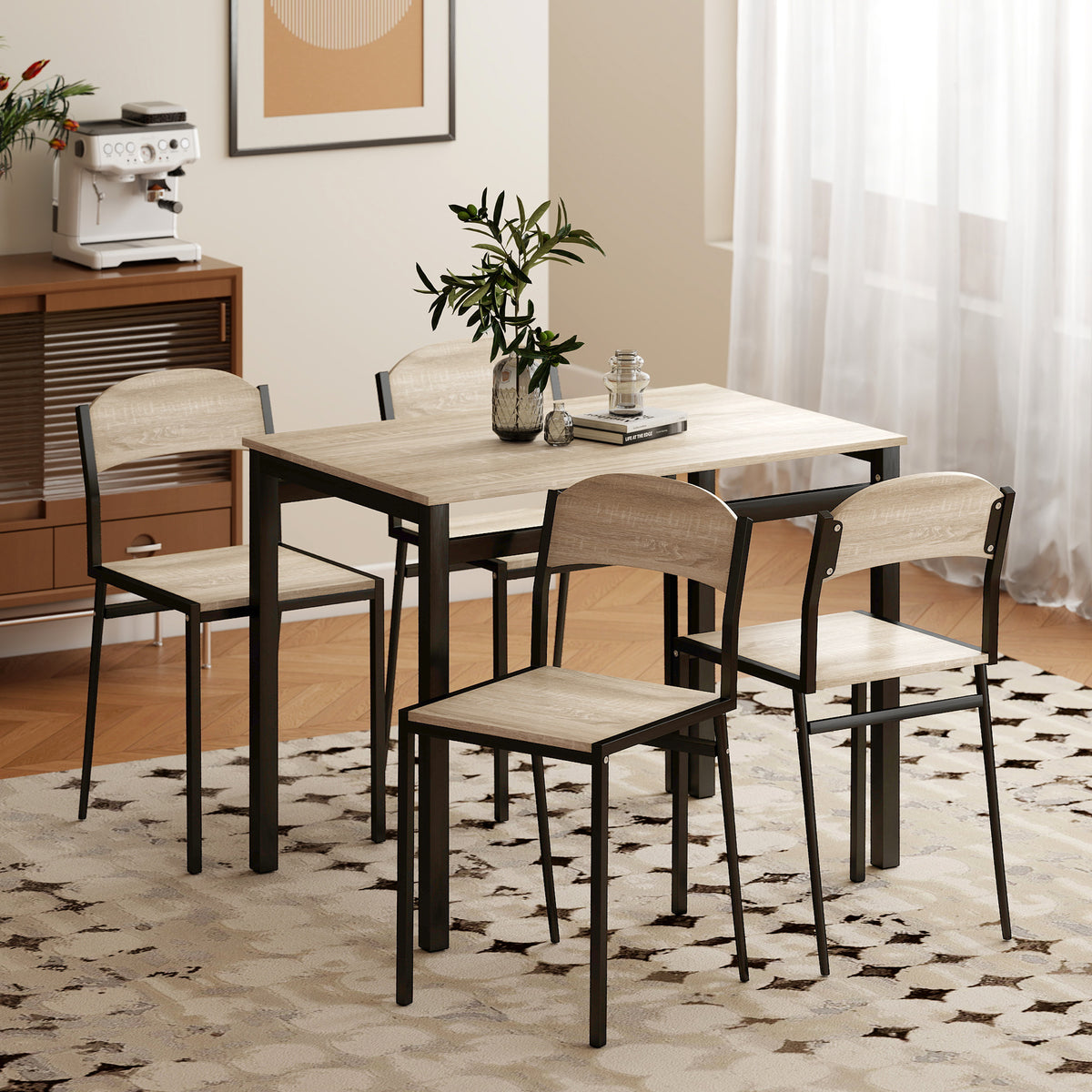 Ensemble table à manger 5 pièces avec 4 chaises lateau MDF coloris bois de chêne châssis métal noir-1