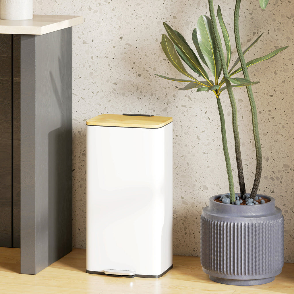 Poubelle de Cuisine 20L, Poubelle avec Pédale, Couvercle en Bambou à Fermeture Douce, Seau Intérieur Amovible, Blanc-9