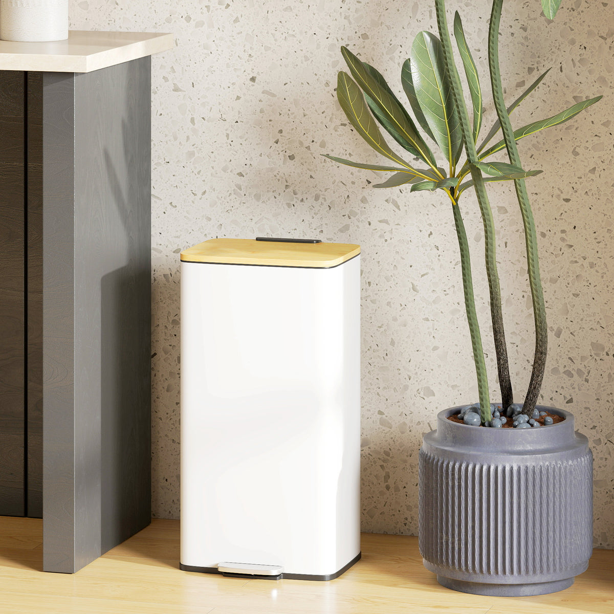 Poubelle de Cuisine 20L, Poubelle avec Pédale, Couvercle en Bambou à Fermeture Douce, Seau Intérieur Amovible, Blanc-9