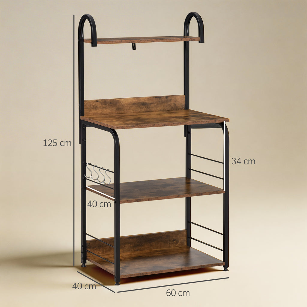 Étagère de cuisine, étagère micro-onde 3 étagères plateau crochets châssis acier 60 x 40 x 125 cm effet bois d'acajou-2