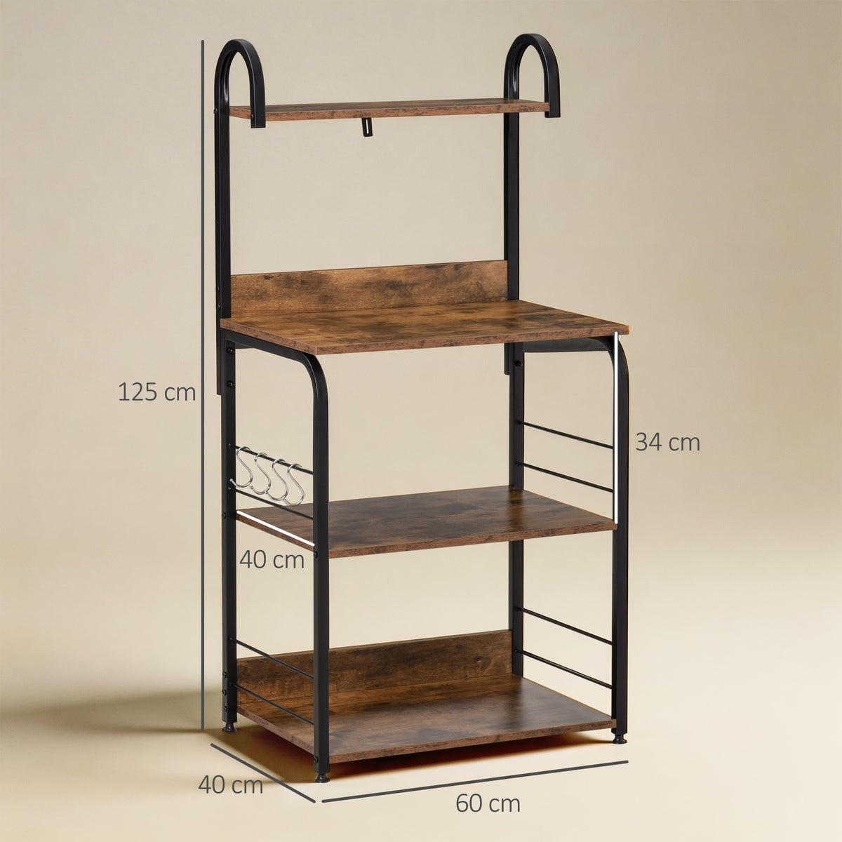Étagère de cuisine, étagère micro-onde 3 étagères plateau crochets châssis acier 60 x 40 x 125 cm effet bois d'acajou-2