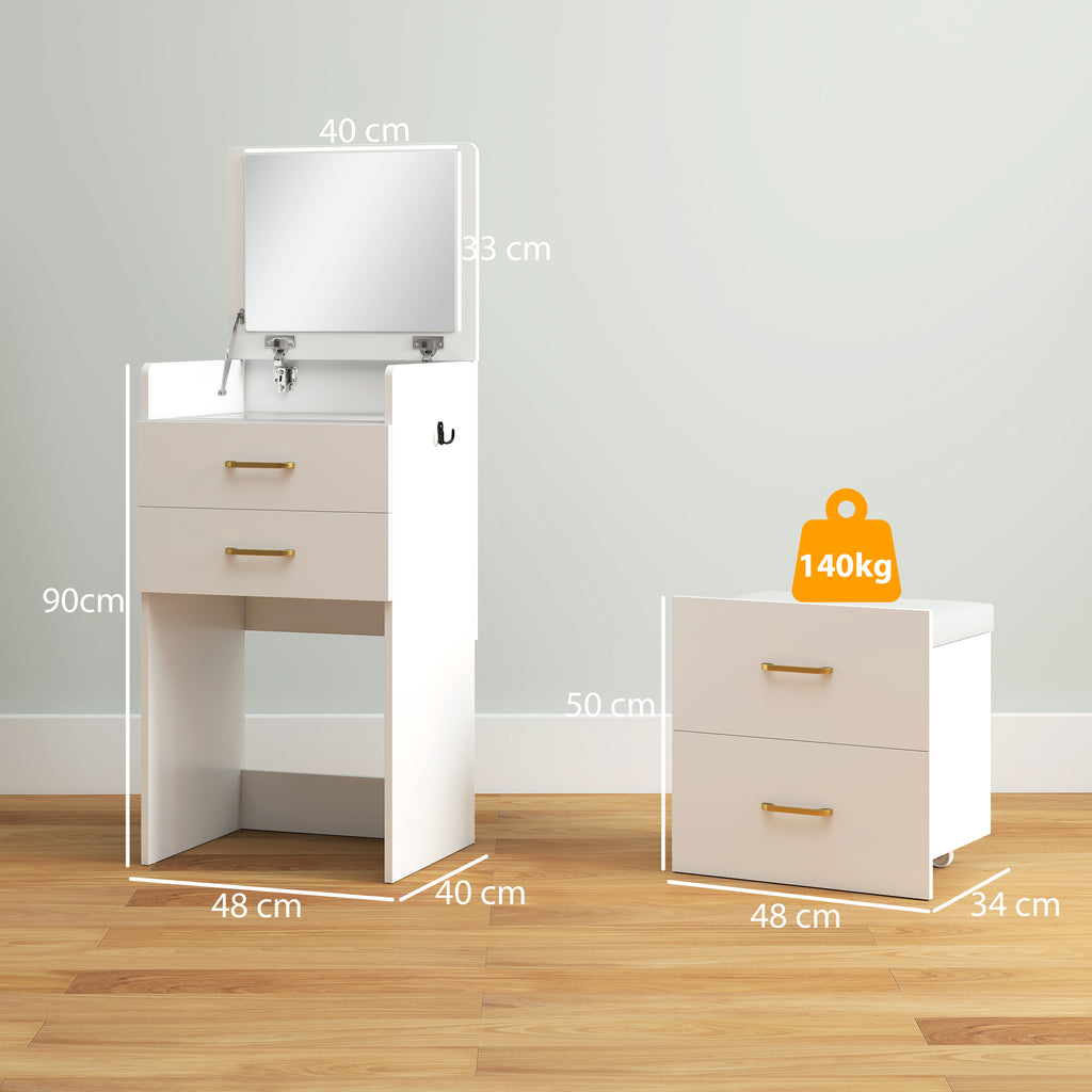 Coiffeuse avec miroir et tabouret 3 en 1, 3 tiroirs et plateau en verre visible, coussin rembourré, 48 x 40 x 90 cm, blanc-2
