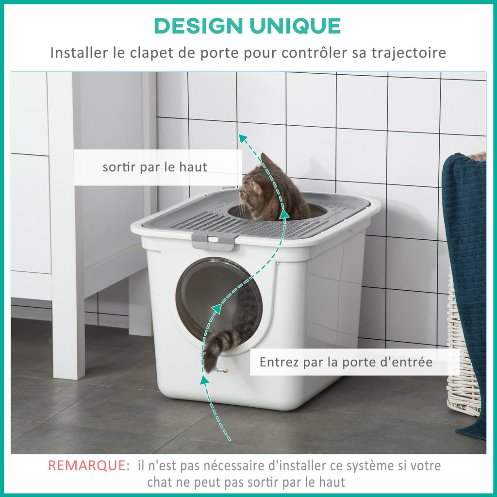 Maison de toilette Bac à litière pour chat double porte battante et supérieure, pelle fourni, 44L x 55l x 39H cm, blanc-5