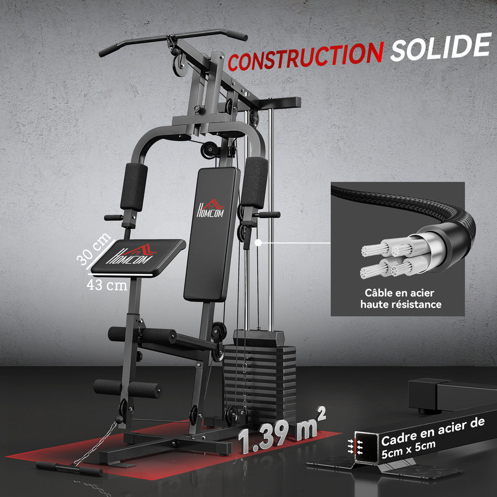 Station de Musculation Multifonction avec Stack de 65 kg, Double Poulie, Noir-5