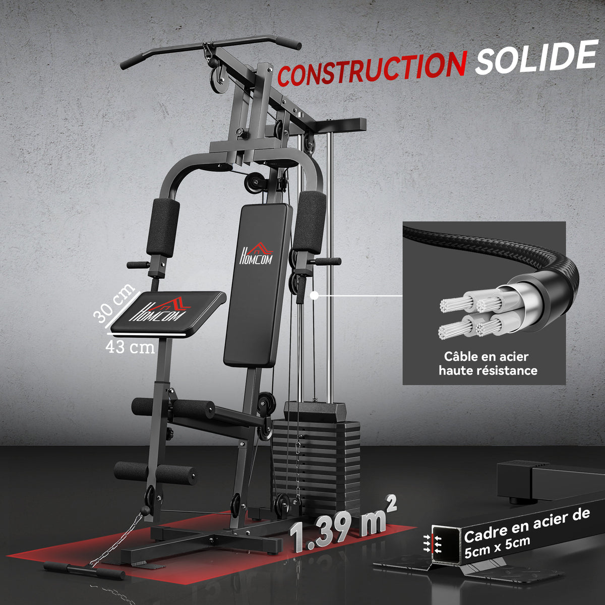 Station de Musculation Multifonction avec Stack de 65 kg, Double Poulie, Noir-5