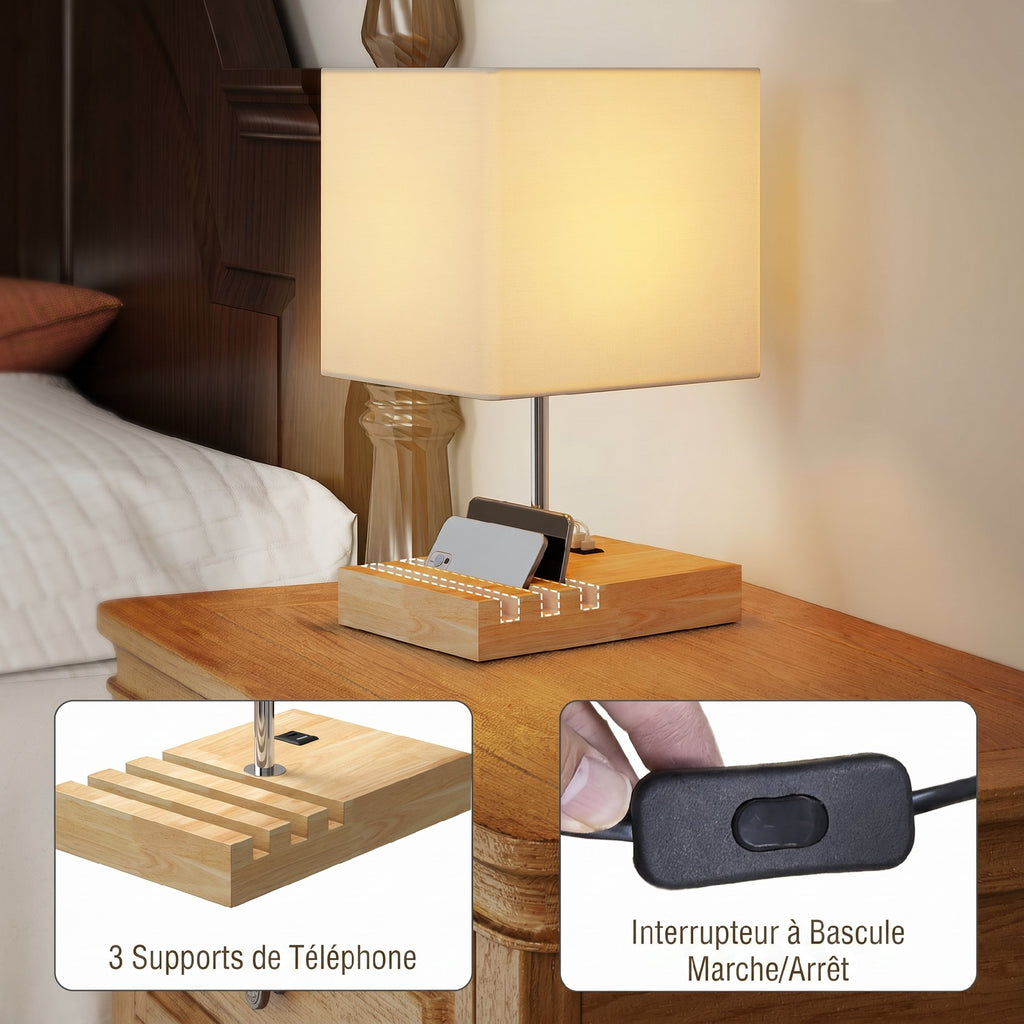 Lampe de chevet avec USB A+C, lampe de table moderne, 3 supports pour téléphone, ampoules non incluses, blanc-4