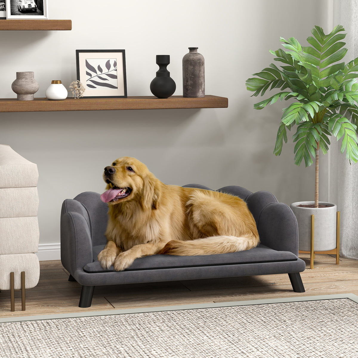 Canapé chien lit pour chien chat coquillage 98L x 60l x 35H cm coussin moelleux velours gris-1