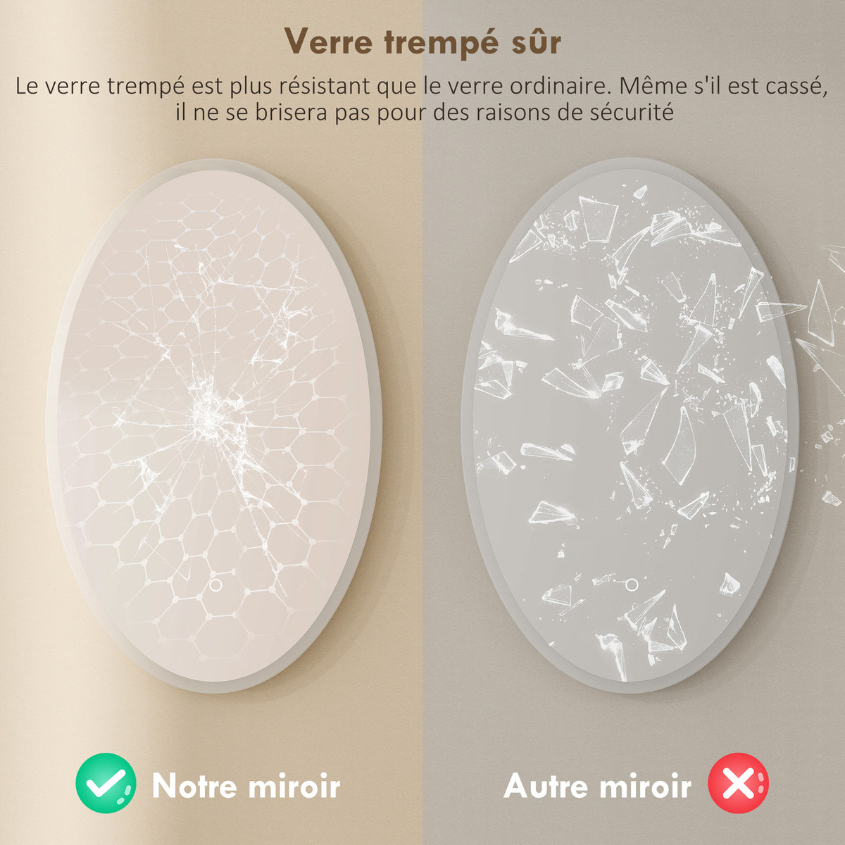 Miroir salle de bain avec éclairage 80 x 50 cm, miroir LED ovale, anti-buée, 3 couleurs lumière, dimmable, transparent-6