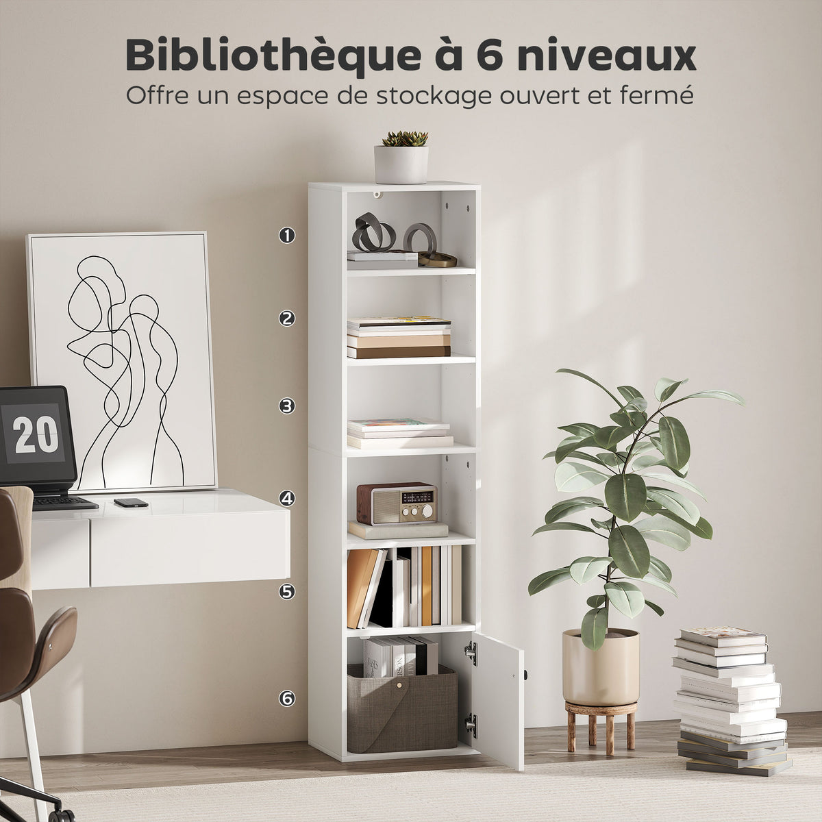 Bibliothèque meuble de rangement 6 niveaux avec 3 étagères réglables et placard, style moderne 40 x 30 x 156 cm blanc-3