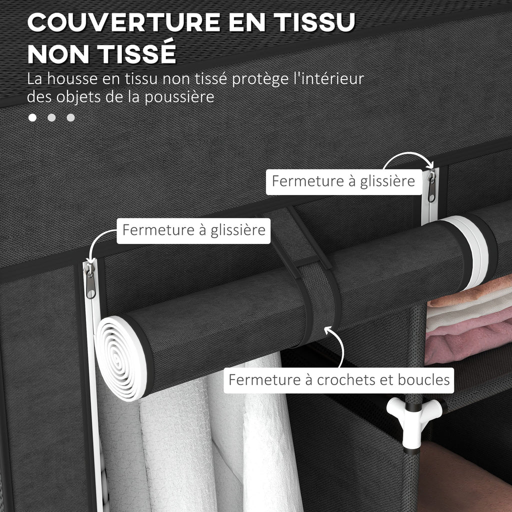 Armoire penderie multi-rangement - 8 étagères, 2 barres - non tissé noir-4