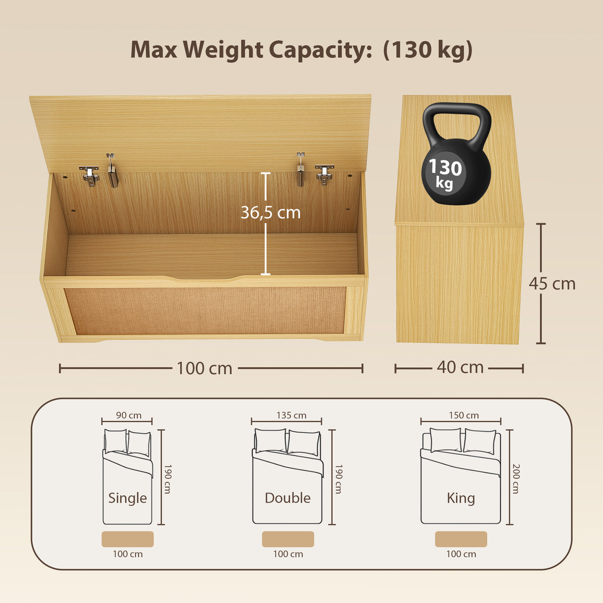 Coffre de Rangement en Rotin 136L, Banc Coffre avec Couvercle Relevable et 2 Charnières de Sécurité, Chêne-2