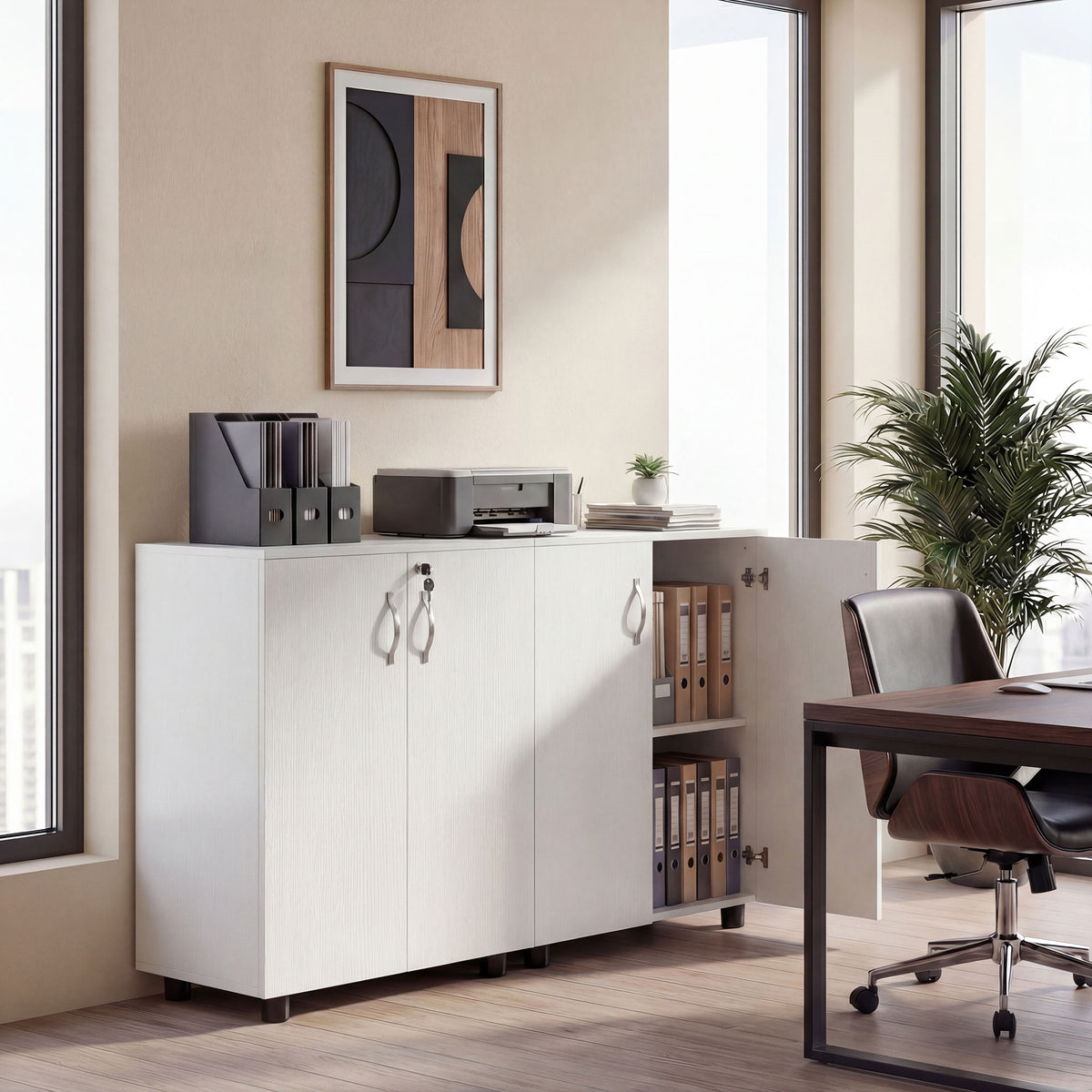 Armoire de bureau à 2 niveaux, meuble de rangement bureau avec 2 portes, serrures et clés, 80x40x80cm, blanc-7