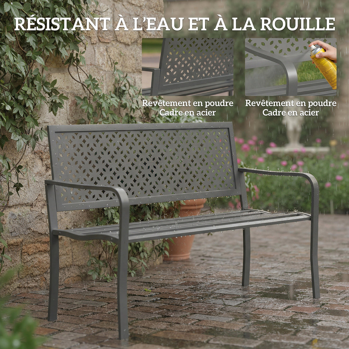 Banc d'extérieur en métal, 2 places, avec dossier géométrique antirouille et accoudoirs, gris foncé-3
