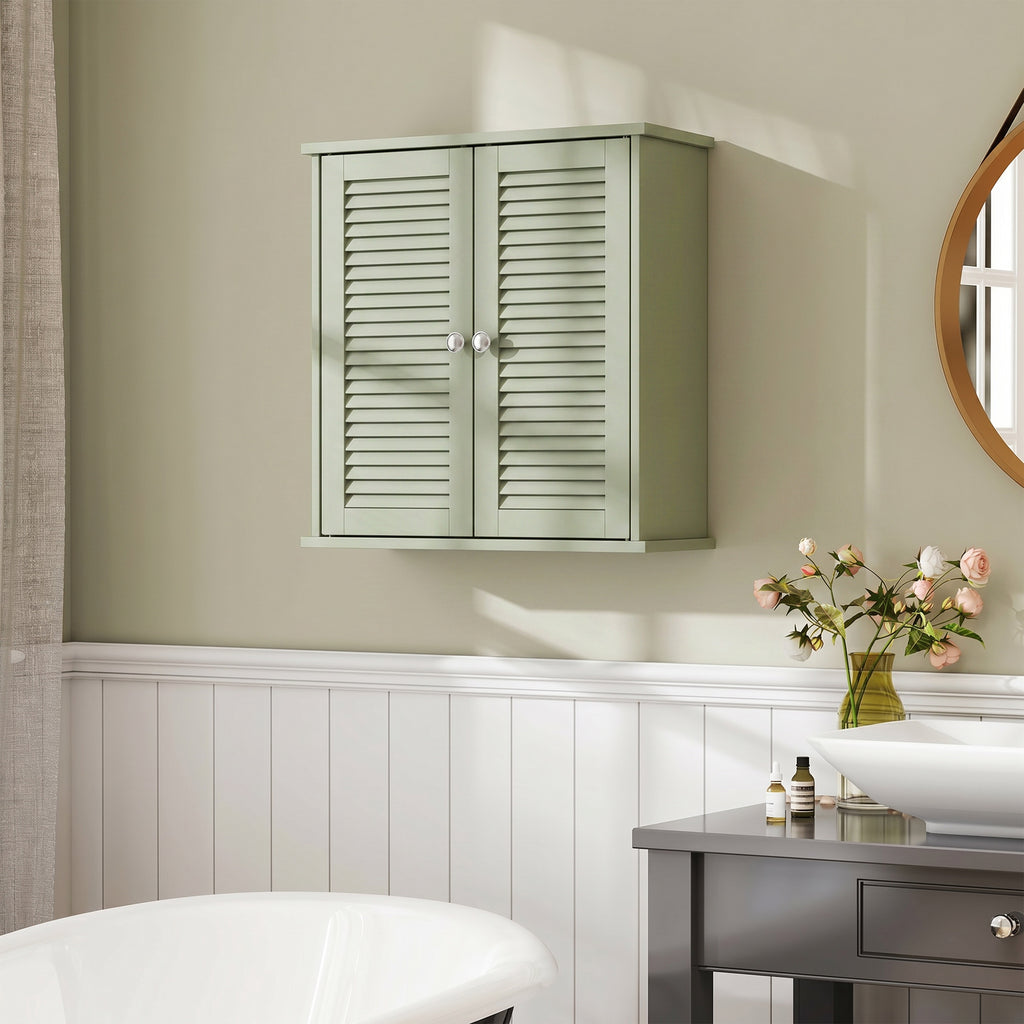 Armoire murale de salle de bain, meuble de rangement suspendu avec 2 portes persiennes et étagère réglable, vert-1