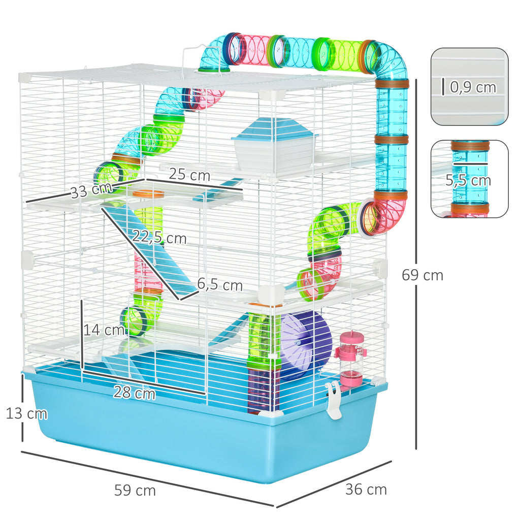 Grande cage pour hamsters cage pour rongeur 5 niveaux avec tunnels abreuvoir roue maisonnette échelles dim. 59L x 36l x 69H cm-2