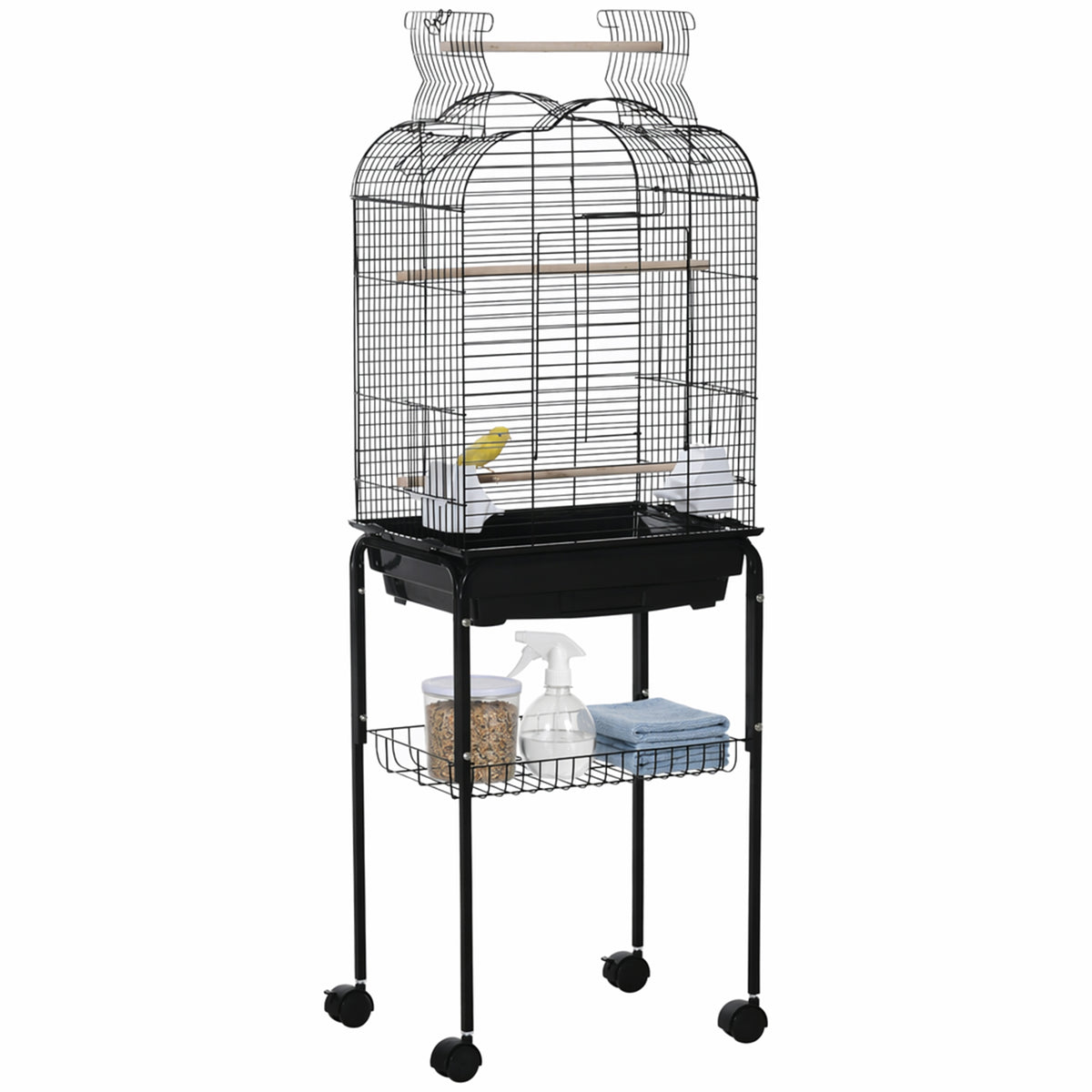 Cage à oiseaux volière pour oiseaux sur roulettes avec toit ouvrant 3 perchoirs étagère inférieure 46 x 36 x 130 cm noir-0