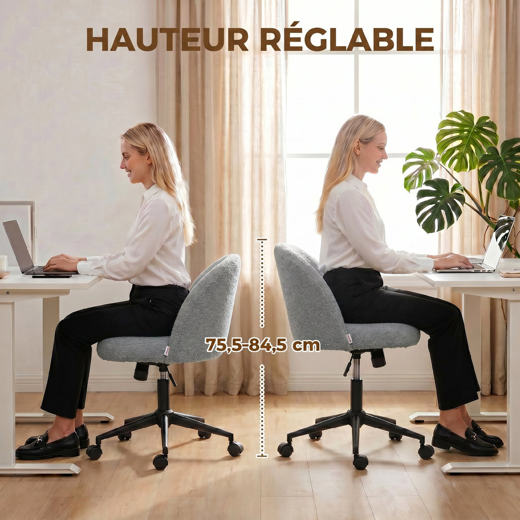 Chaise de Bureau Pivotante en Fourrure Teddy, Hauteur Réglable, Roulettes, Mousse Haute Résilience, Gris-5